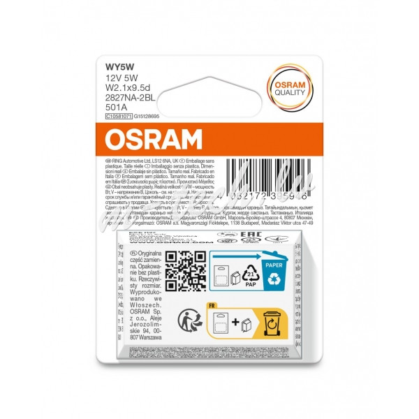 O2827NA-2BL - OSRAM ORIGINAL 2827NA-2BL WY5W W1.2x8.5d 12V 5W Rīga - foto 1