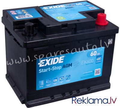 K-EK600 - Akumulators EXIDE AGM EK600 12V 60Ah(c20) 680A(EN) 242x175x190 0/1 - Akumulators - UNSORTE Rīga - foto 1