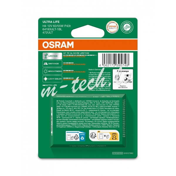 O64193ULT-1BL - OSRAM ULTRALIFE 64193ULT-1BL H4 P43t 12V 60/55W Rīga - foto 2