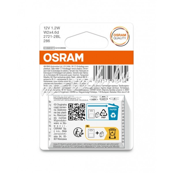 O2721-2BL - OSRAM ORIGINAL 2721-2BL NON ECE W2x4.6d 12V 1.2W Rīga - foto 2