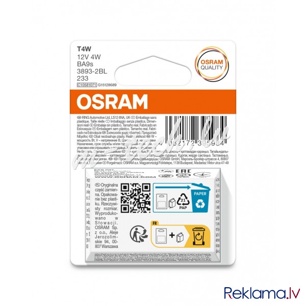 O3893-2BL - OSRAM ORIGINAL 3893-2BL T4W BA9s 12V 4W Rīga - foto 1