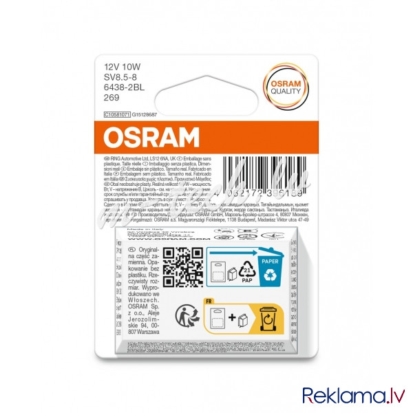 O6438-2BL - OSRAM ORIGINAL 6438-2BL no ECE SV8.5-8 12V 10W Rīga - foto 1